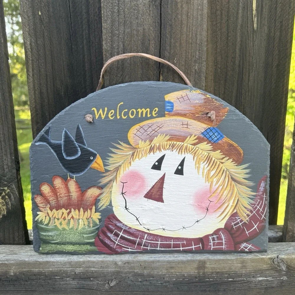 Fall Welcome Slate Sign Scarecrow Black Bird Hand painted Leather Hanger Country